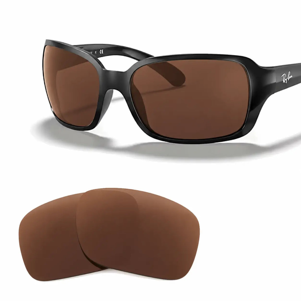 Ray-Ban RB4068 replacement lenses in brown, angled view of the frame with the pair of lenses below · ReFramed