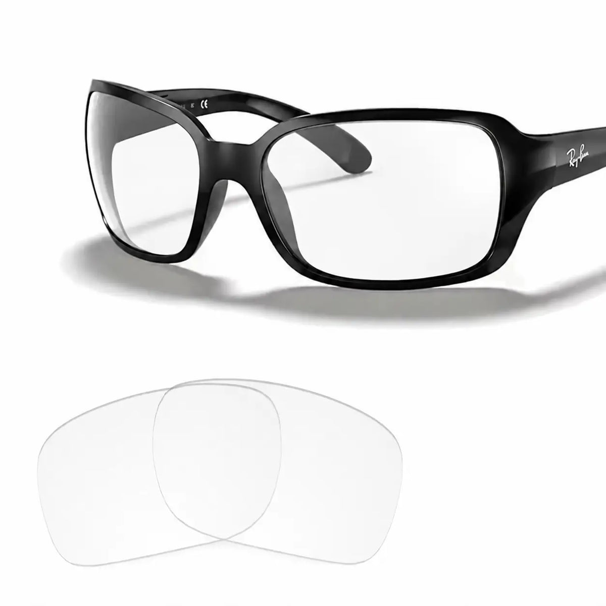 Ray-Ban RB4068 replacement lenses in crystal clear, angled view of the frame with the pair of lenses below · ReFramed