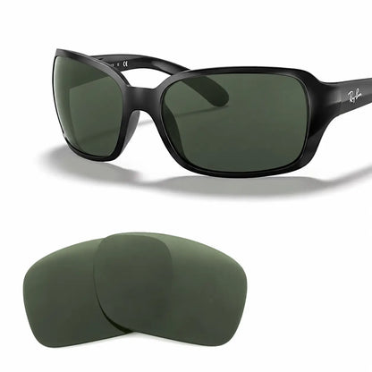 Ray-Ban RB4068 replacement lenses in G15 green, angled view of the frame with the pair of lenses below · ReFramed