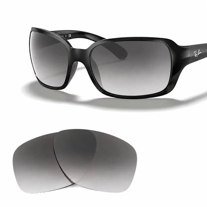 Ray-Ban RB4068 replacement lenses in gradient gray, angled view of the frame with the pair of lenses below · ReFramed
