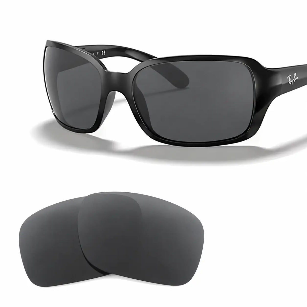 Ray-Ban RB4068 replacement lenses in gray, angled view of the frame with the pair of lenses below · ReFramed