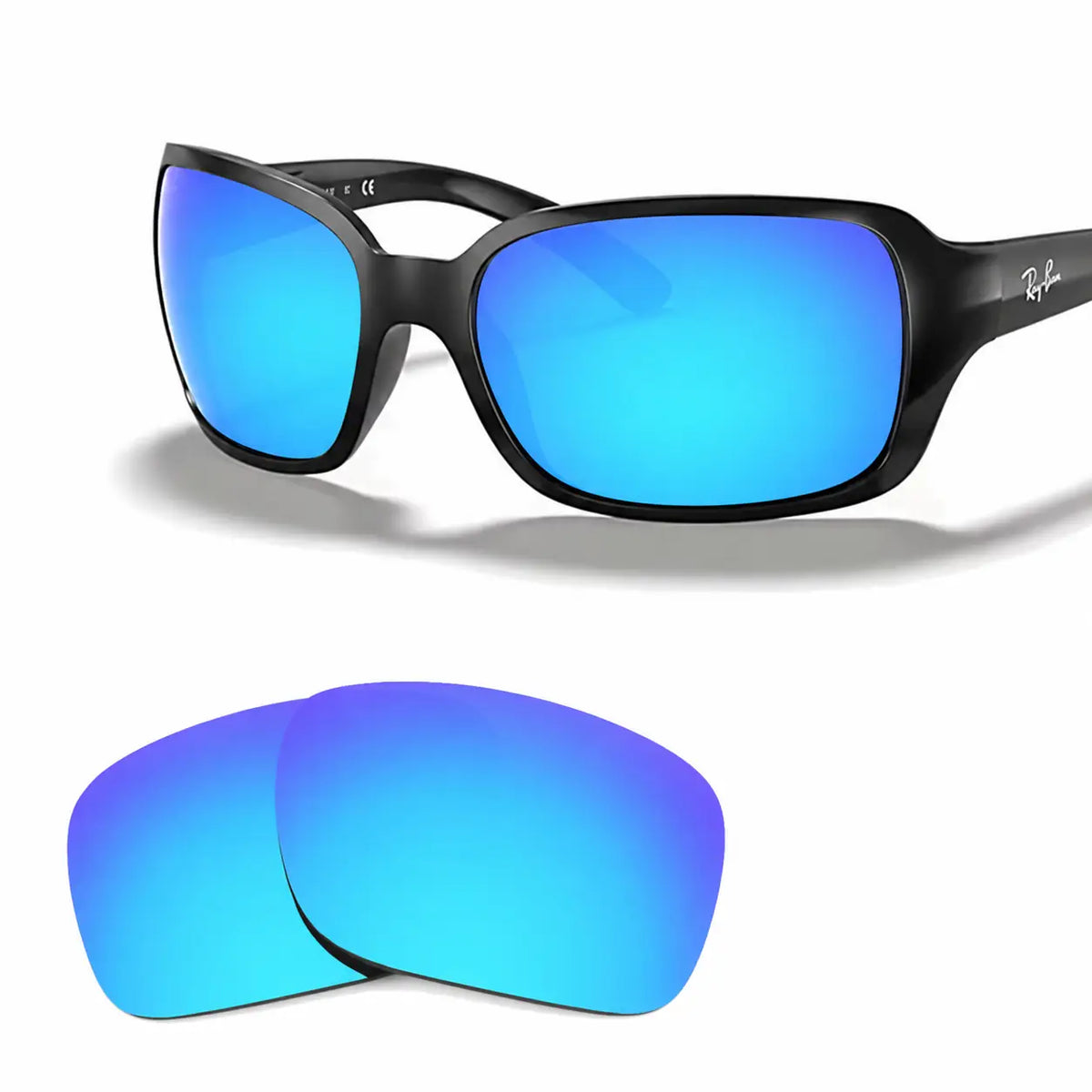 Ray-Ban RB4068 replacement lenses in mirrored blue, angled view of the frame with the pair of lenses below · ReFramed