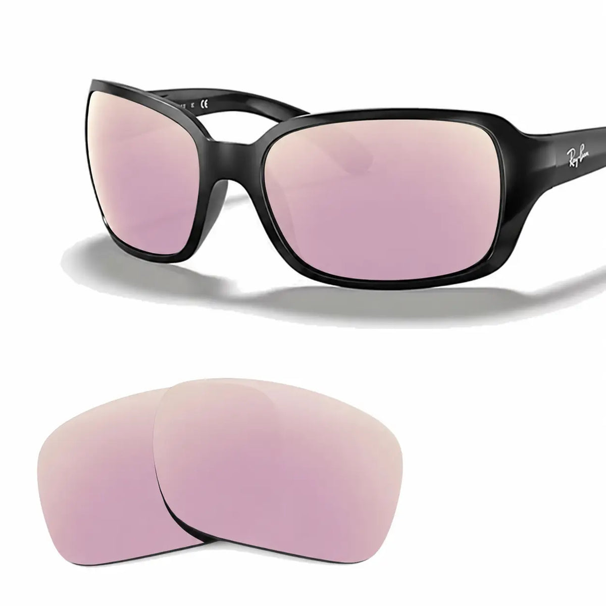 Ray-Ban RB4068 replacement lenses in mirrored pink, angled view of the frame with the pair of lenses below · ReFramed