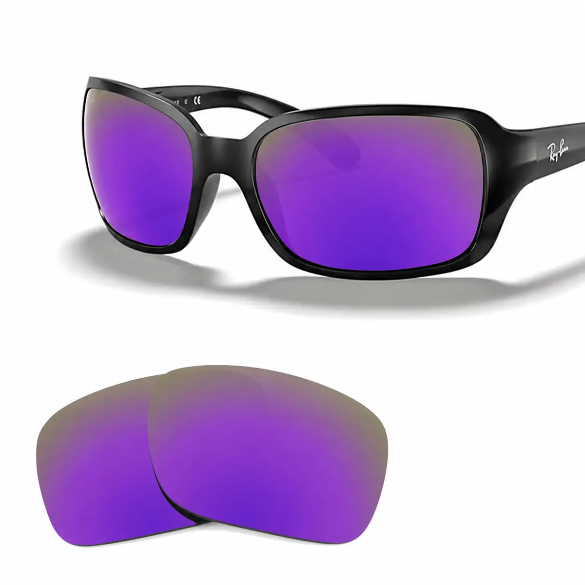 Ray-Ban RB4068 replacement lenses in mirrored purple, angled view of the frame with the pair of lenses below · ReFramed