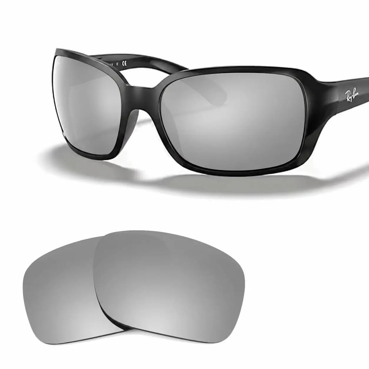 Ray-Ban RB4068 replacement lenses in mirrored silver, angled view of the frame with the pair of lenses below · ReFramed