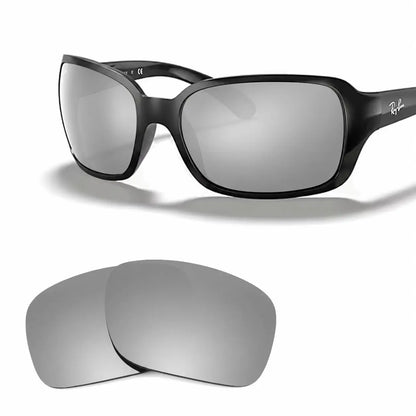 Ray-Ban RB4068 replacement lenses in mirrored silver, angled view of the frame with the pair of lenses below · ReFramed