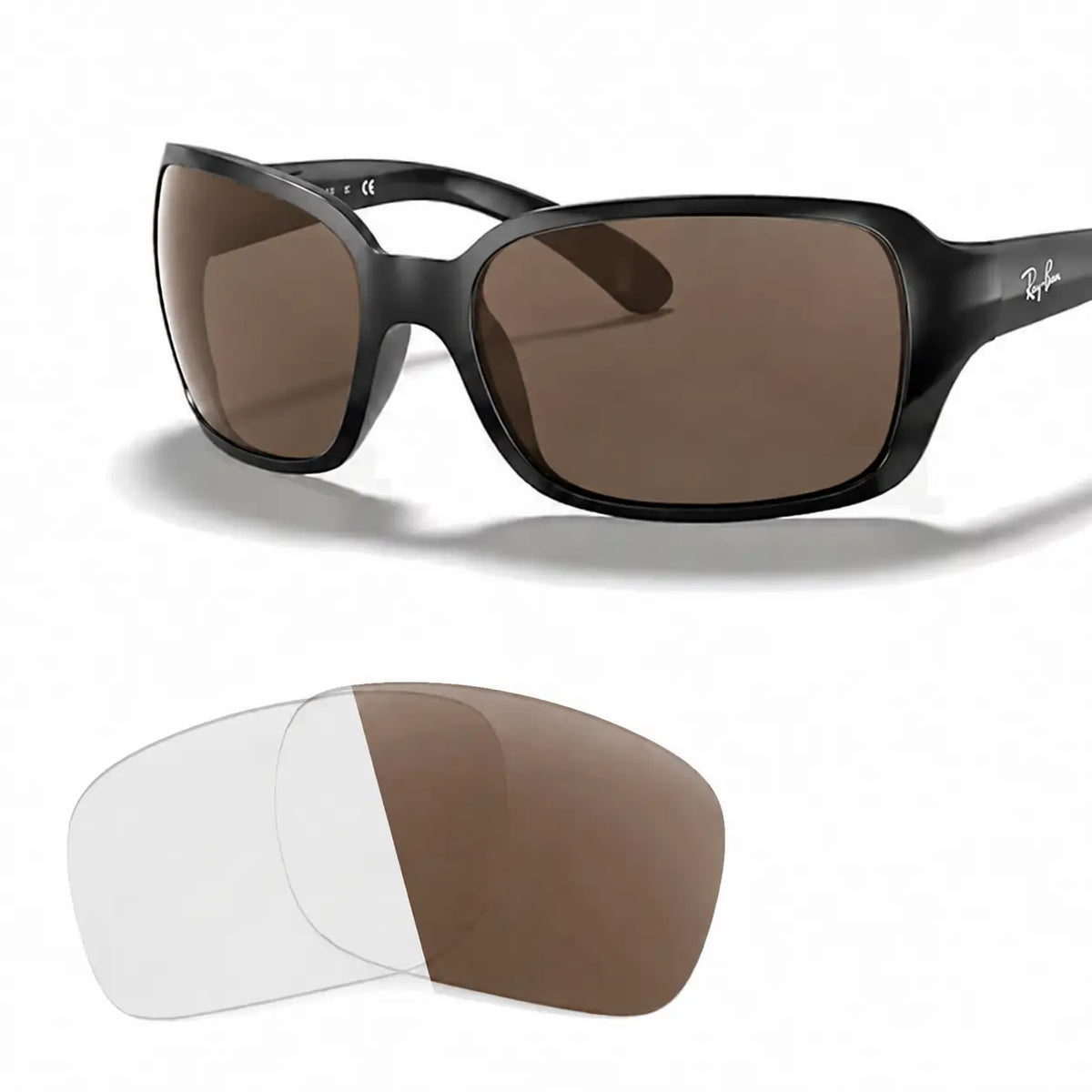 Ray-Ban RB4068 replacement lenses in photochromic brown, angled view of the frame with the pair of lenses below · ReFramed
