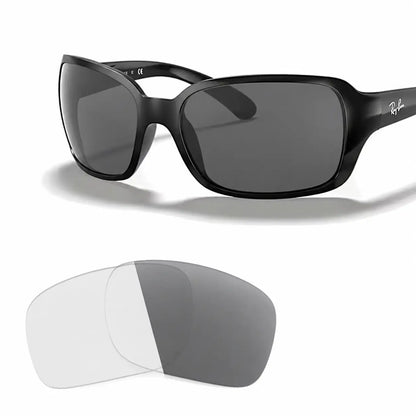 Ray-Ban RB4068 replacement lenses in photochromic gray, angled view of the frame with the pair of lenses below · ReFramed