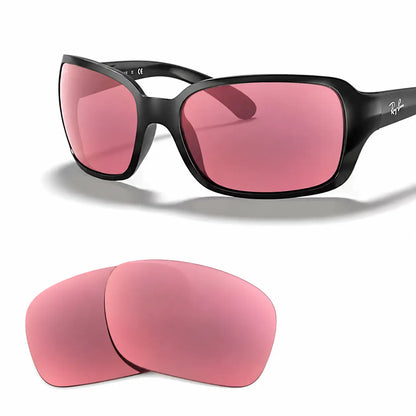 Ray-Ban RB4068 replacement lenses in pink, angled view of the frame with the pair of lenses below · ReFramed