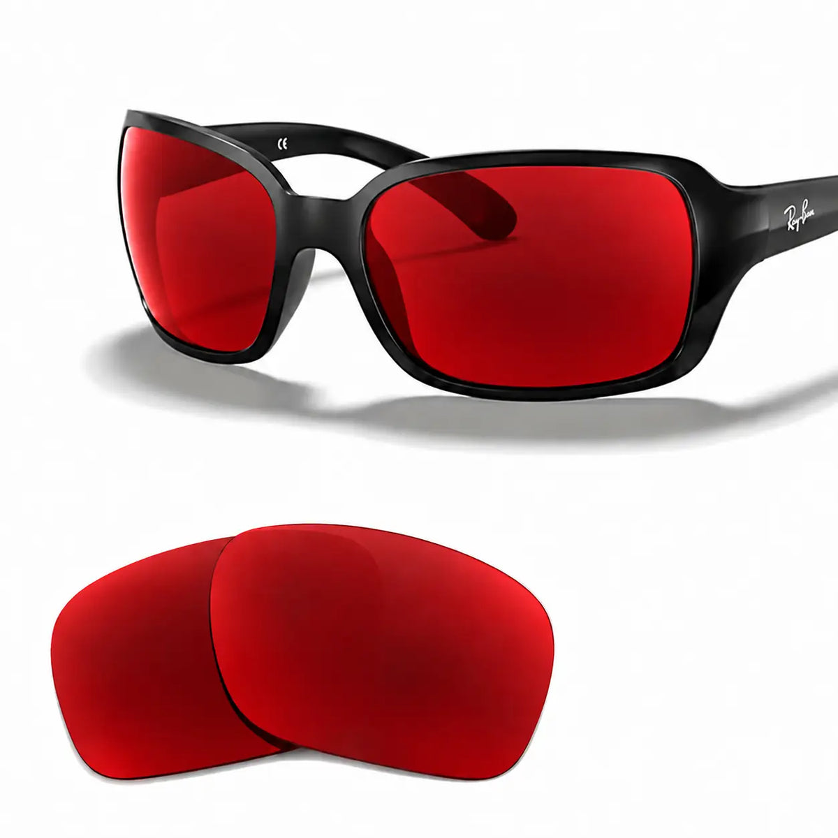 Ray-Ban RB4068 replacement lenses in red, angled view of the frame with the pair of lenses below · ReFramed