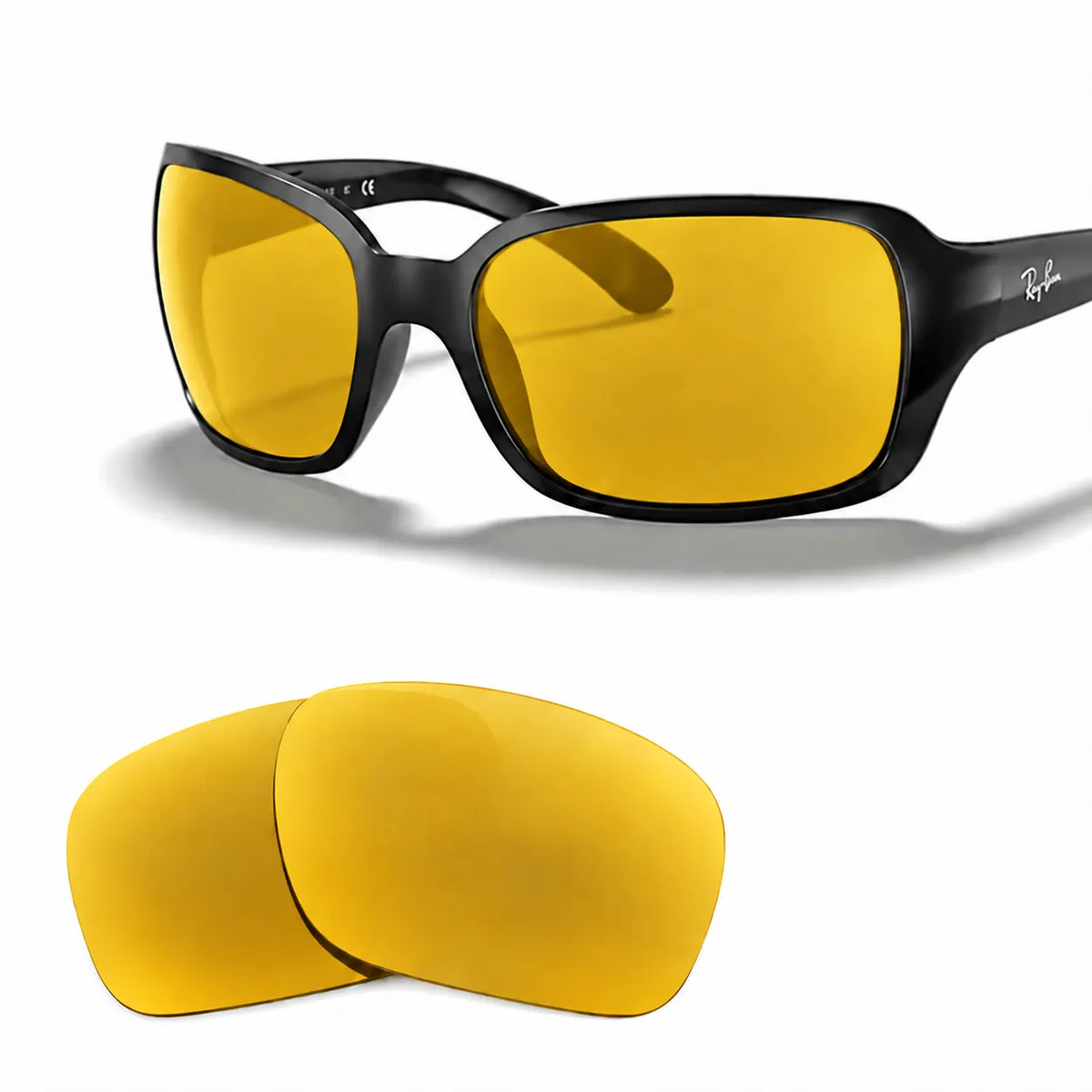 Ray-Ban RB4068 replacement lenses in yellow, angled view of the frame with the pair of lenses below · ReFramed