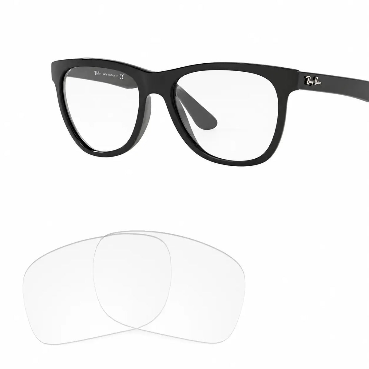 Ray-Ban RB4184 replacement lenses in crystal clear, angled view of the frame with the pair of lenses below · ReFramed