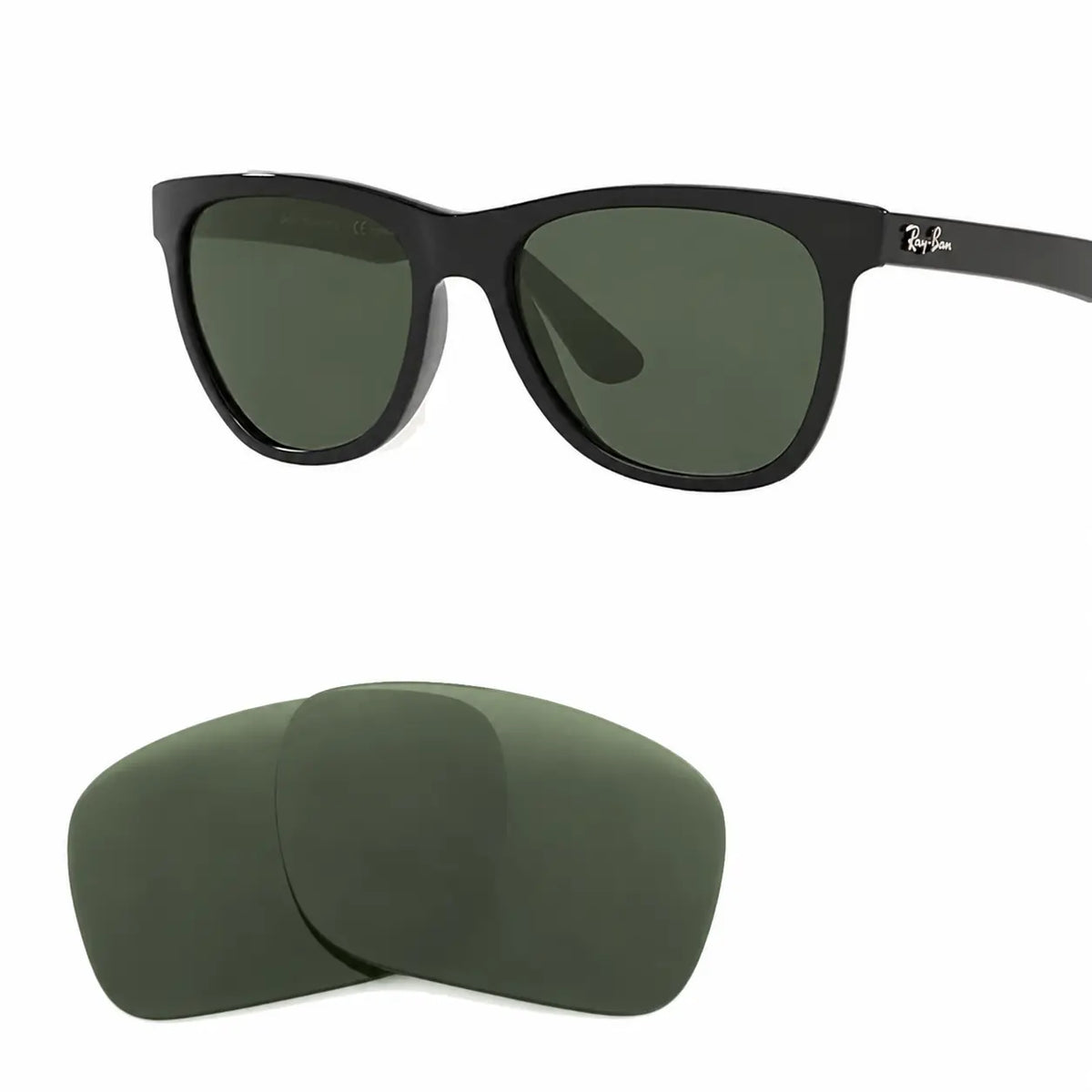 Ray-Ban RB4184 replacement lenses in G15 green, angled view of the frame with the pair of lenses below · ReFramed