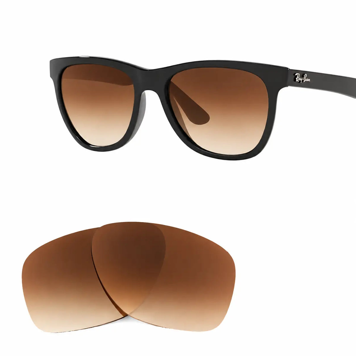 Ray-Ban RB4184 replacement lenses in gradient brown, angled view of the frame with the pair of lenses below · ReFramed