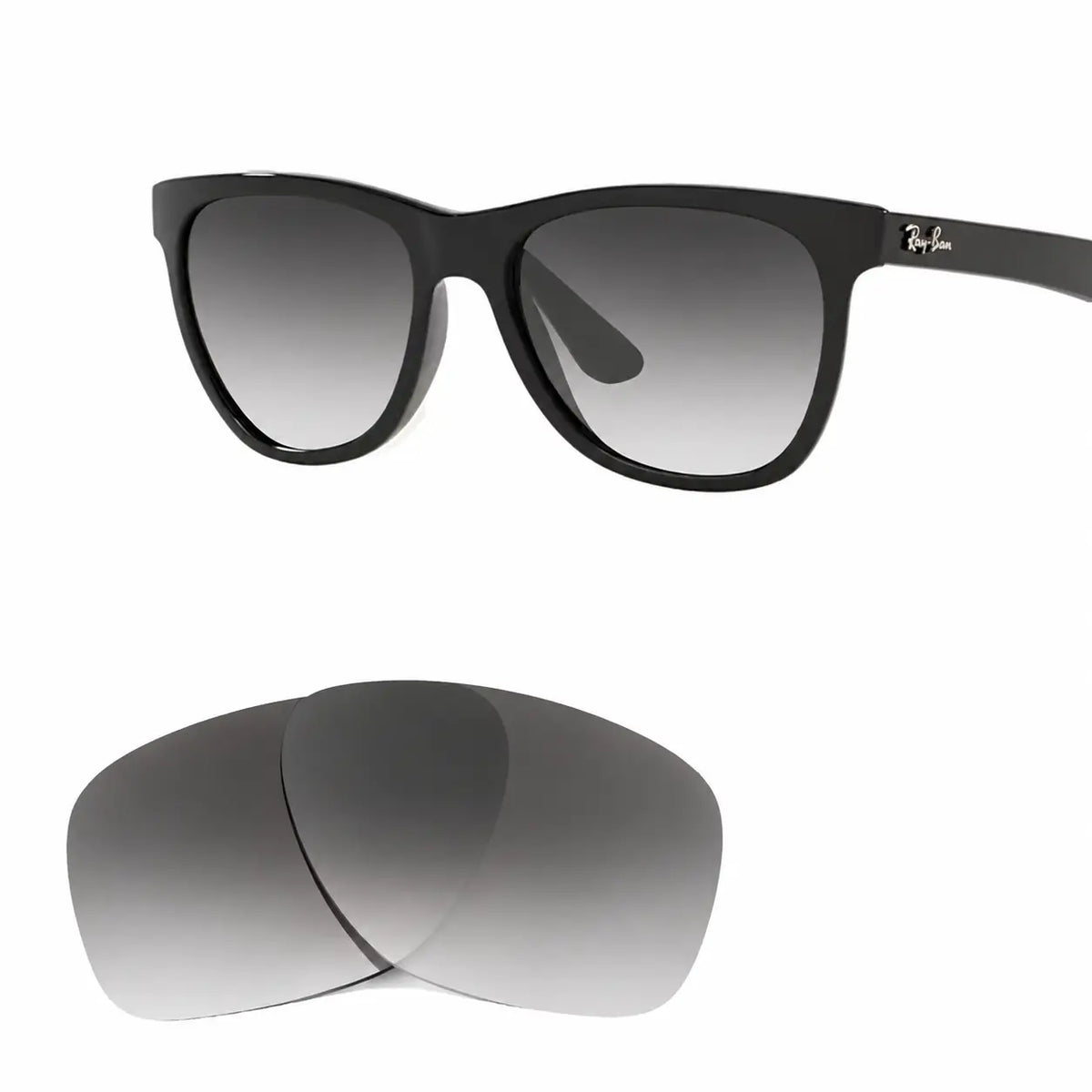 Ray-Ban RB4184 replacement lenses in gradient gray, angled view of the frame with the pair of lenses below · ReFramed