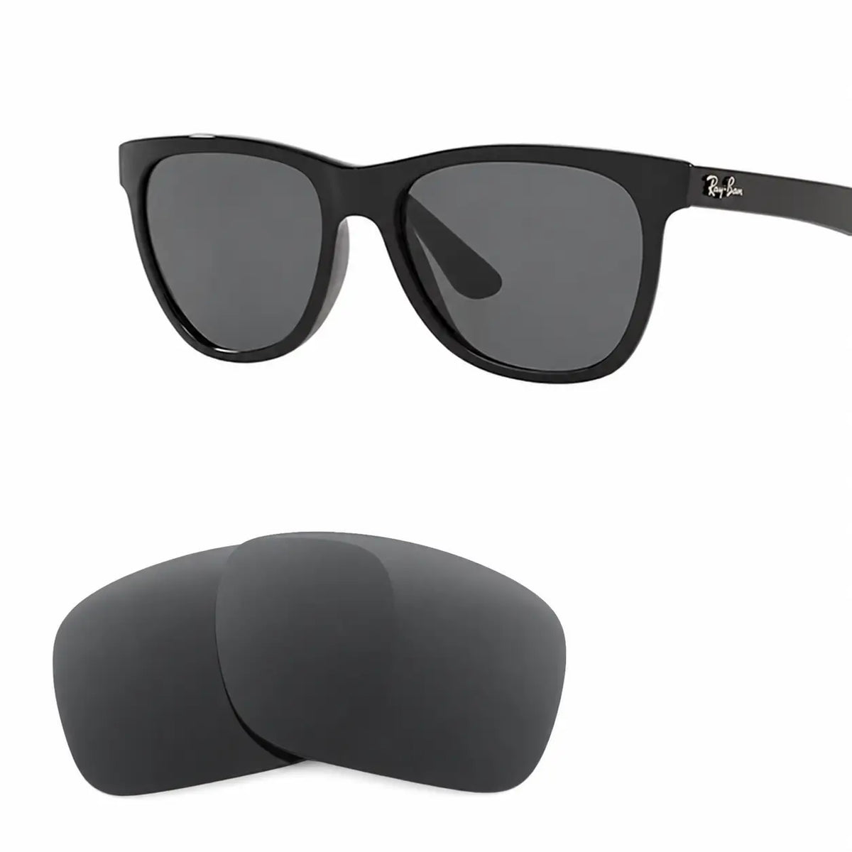 Ray-Ban RB4184 replacement lenses in gray, angled view of the frame with the pair of lenses below · ReFramed