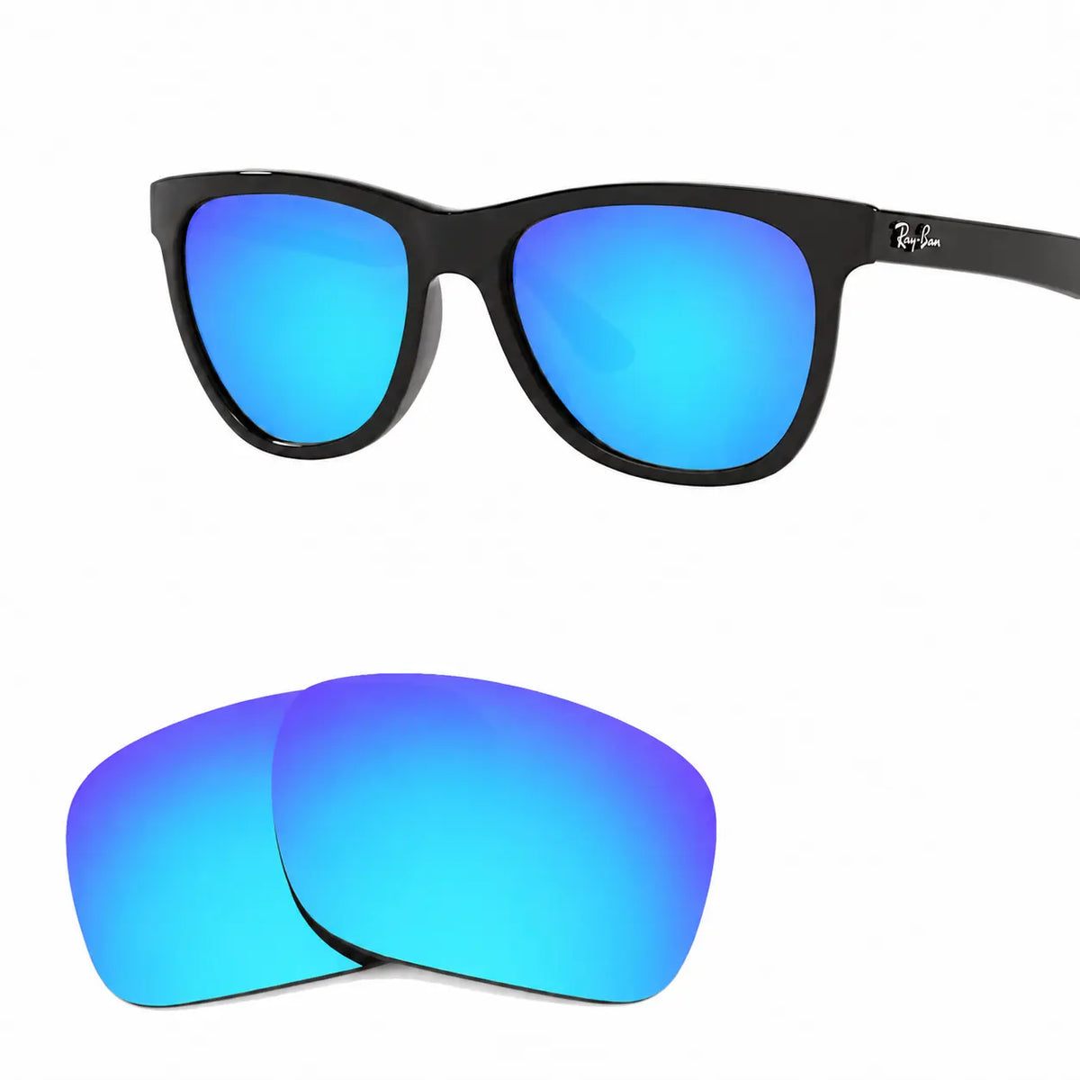 Ray-Ban RB4184 replacement lenses in mirrored blue, angled view of the frame with the pair of lenses below · ReFramed