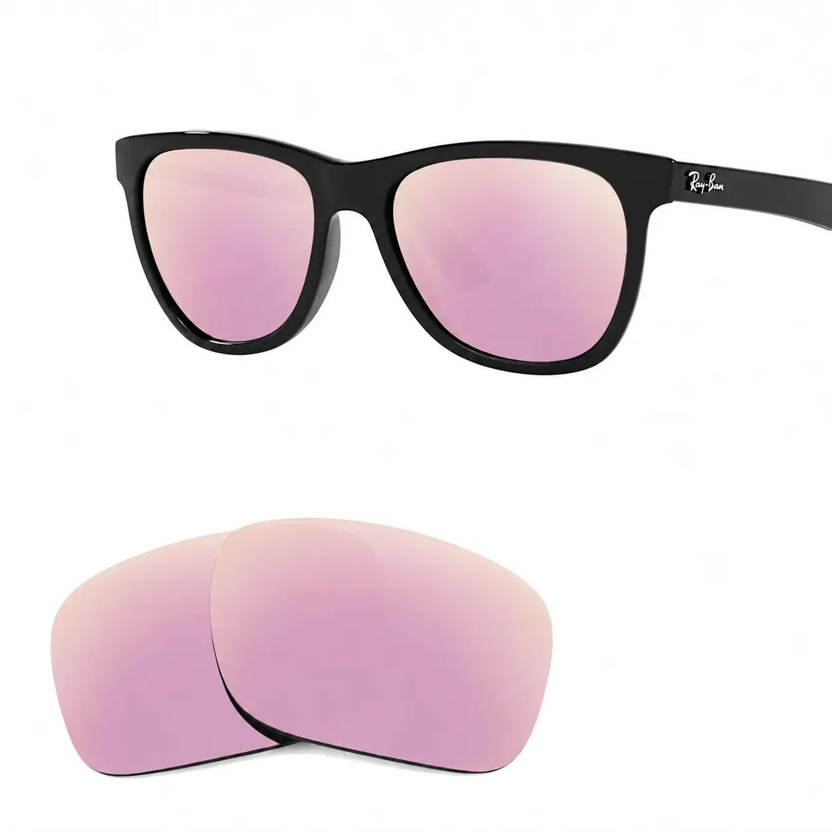 Ray-Ban RB4184 replacement lenses in mirrored pink, angled view of the frame with the pair of lenses below · ReFramed