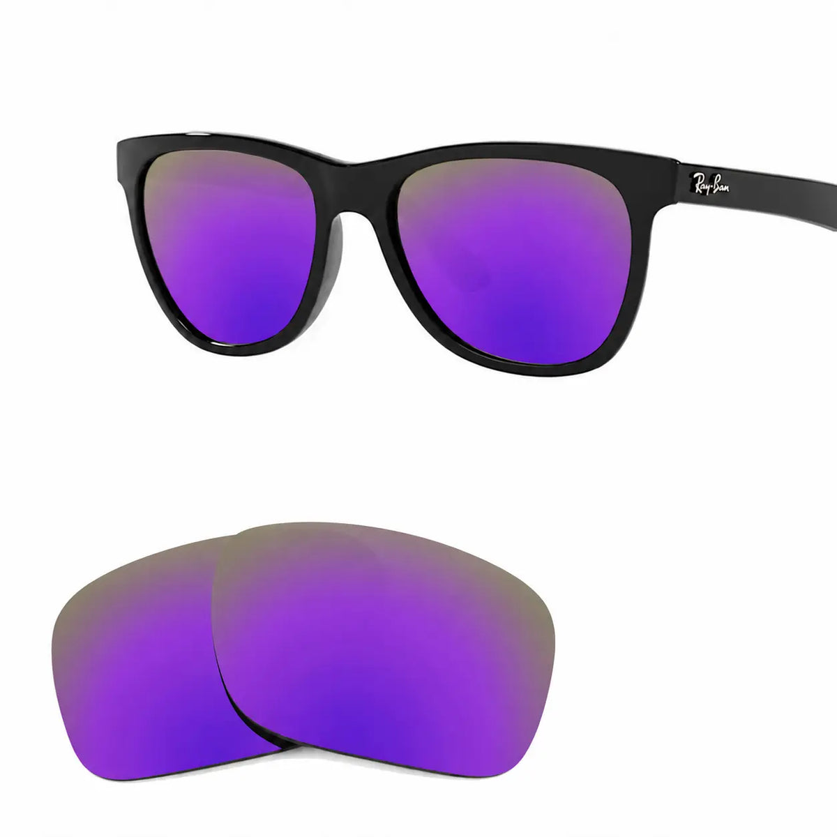 Ray-Ban RB4184 replacement lenses in mirrored purple, angled view of the frame with the pair of lenses below · ReFramed