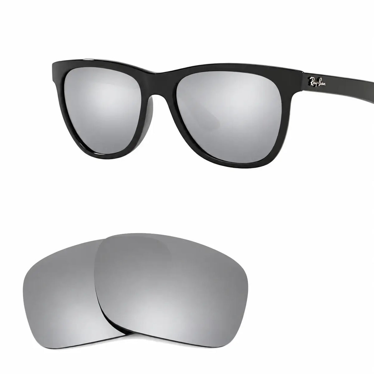 Ray-Ban RB4184 replacement lenses in mirrored silver, angled view of the frame with the pair of lenses below · ReFramed