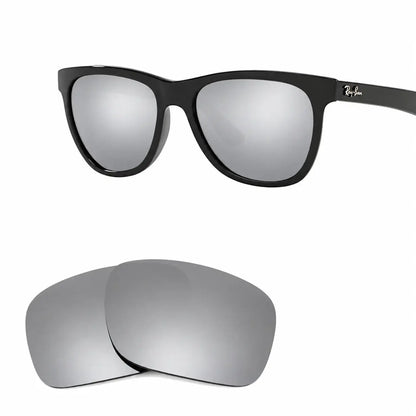 Ray-Ban RB4184 replacement lenses in mirrored silver, angled view of the frame with the pair of lenses below · ReFramed