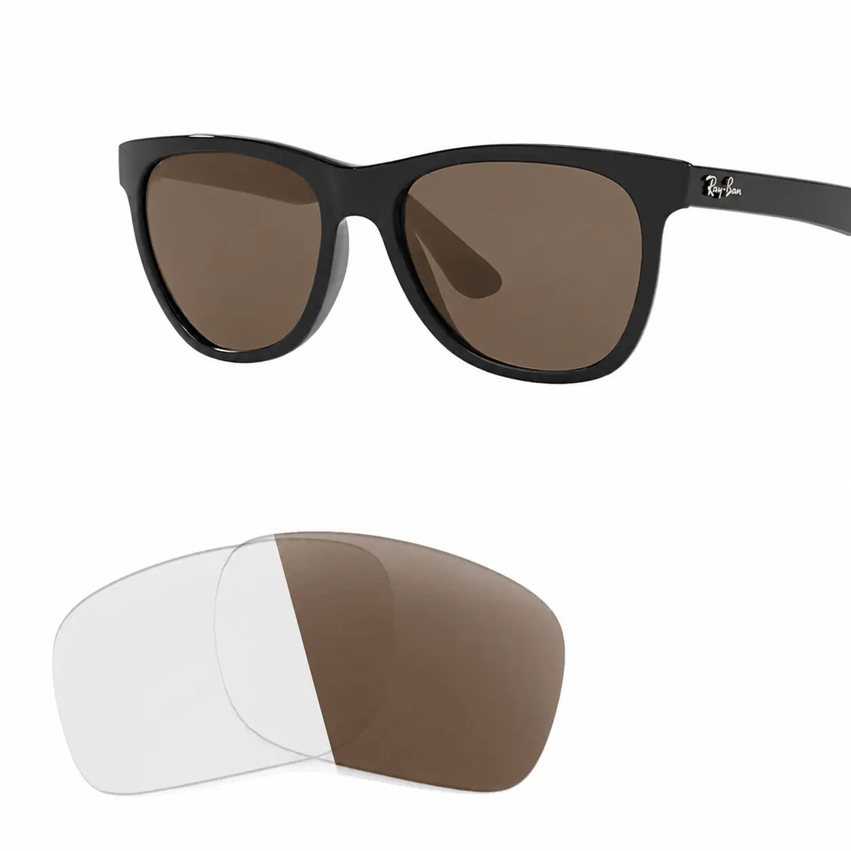 Ray-Ban RB4184 replacement lenses in photochromic brown, angled view of the frame with the pair of lenses below · ReFramed