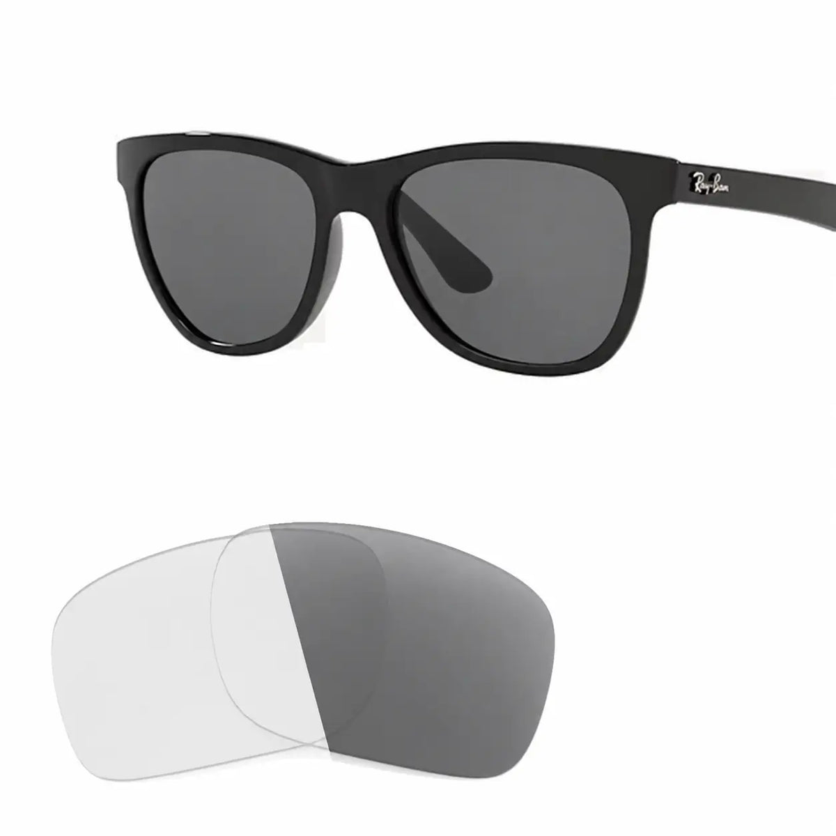 Ray-Ban RB4184 replacement lenses in photochromic gray, angled view of the frame with the pair of lenses below · ReFramed
