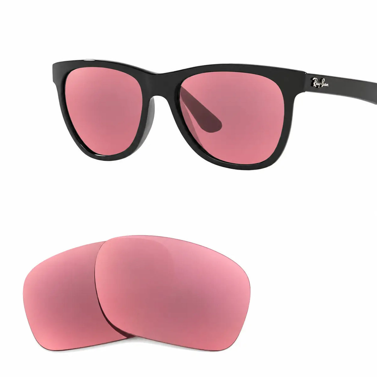 Ray-Ban RB4184 replacement lenses in pink, angled view of the frame with the pair of lenses below · ReFramed