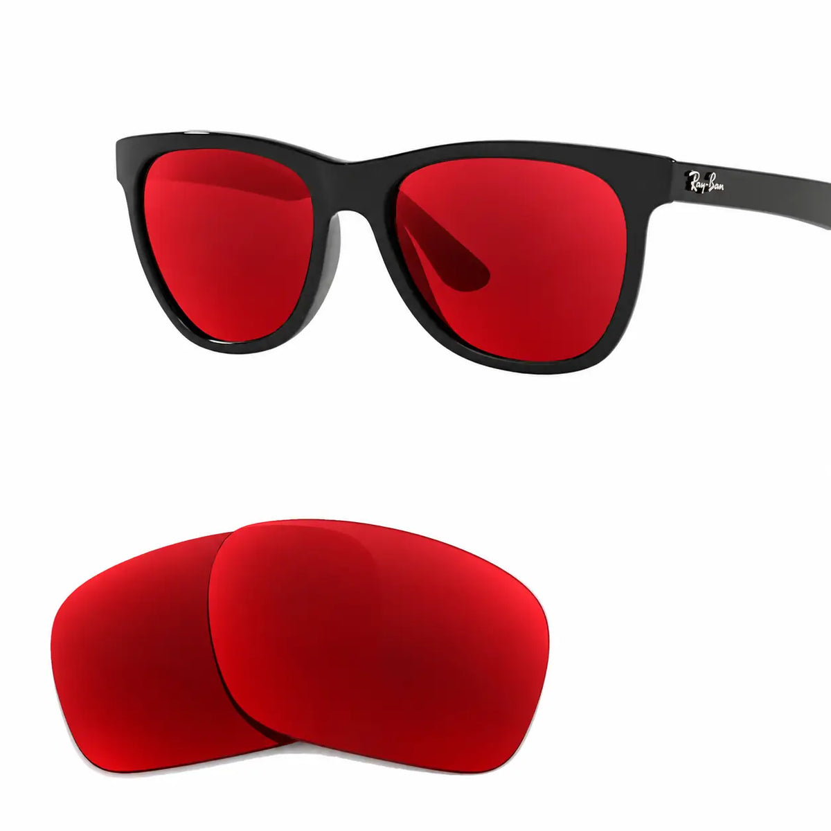 Ray-Ban RB4184 replacement lenses in red, angled view of the frame with the pair of lenses below · ReFramed