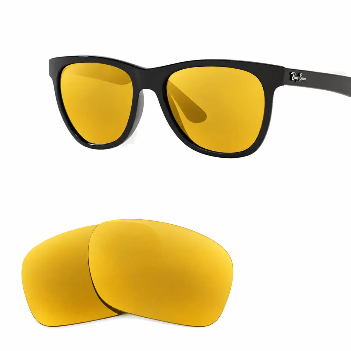Ray-Ban RB4184 replacement lenses in yellow, angled view of the frame with the pair of lenses below · ReFramed