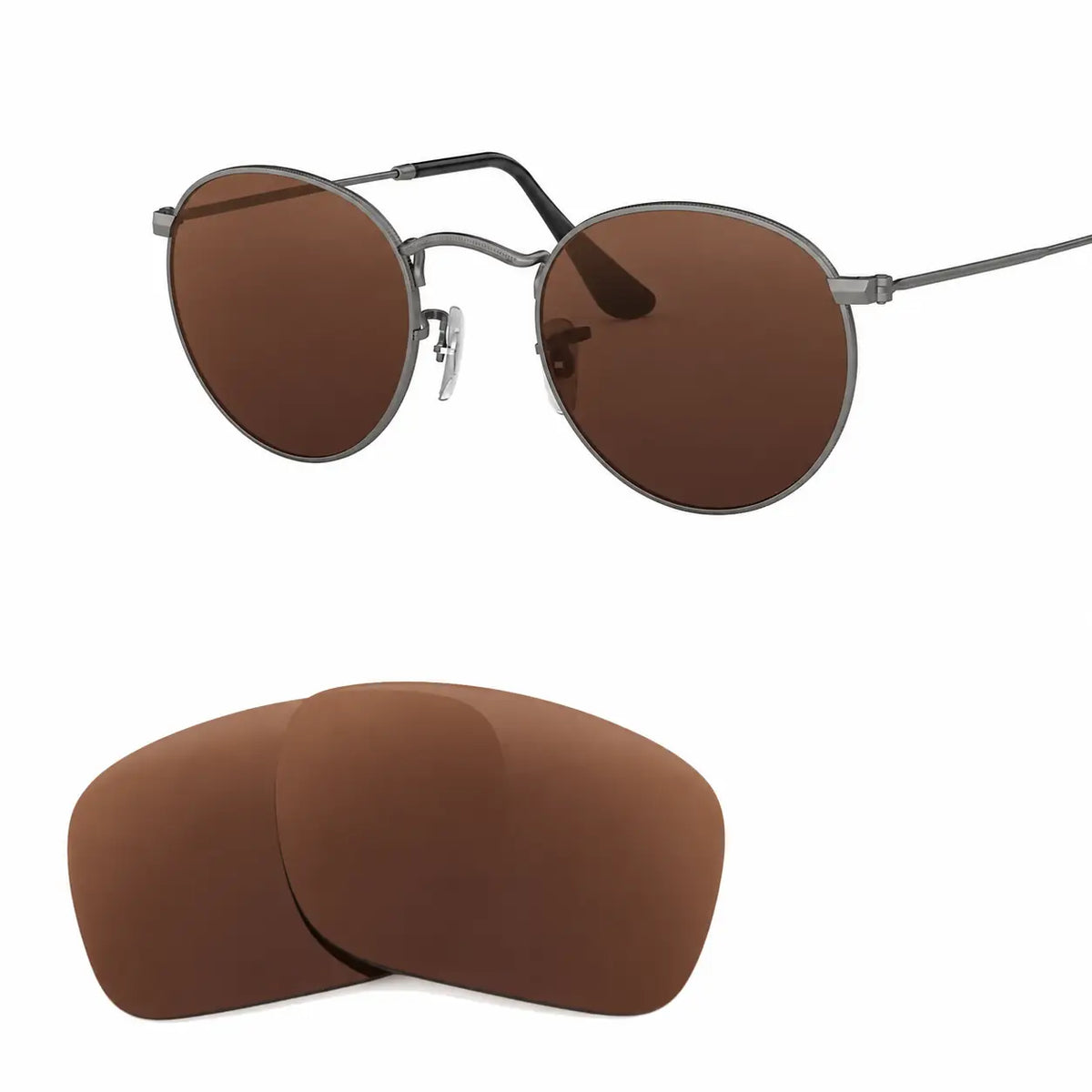 Ray-Ban Round Metal RB3447 replacement lenses in brown, angled view of the frame with the pair of lenses below · ReFramed