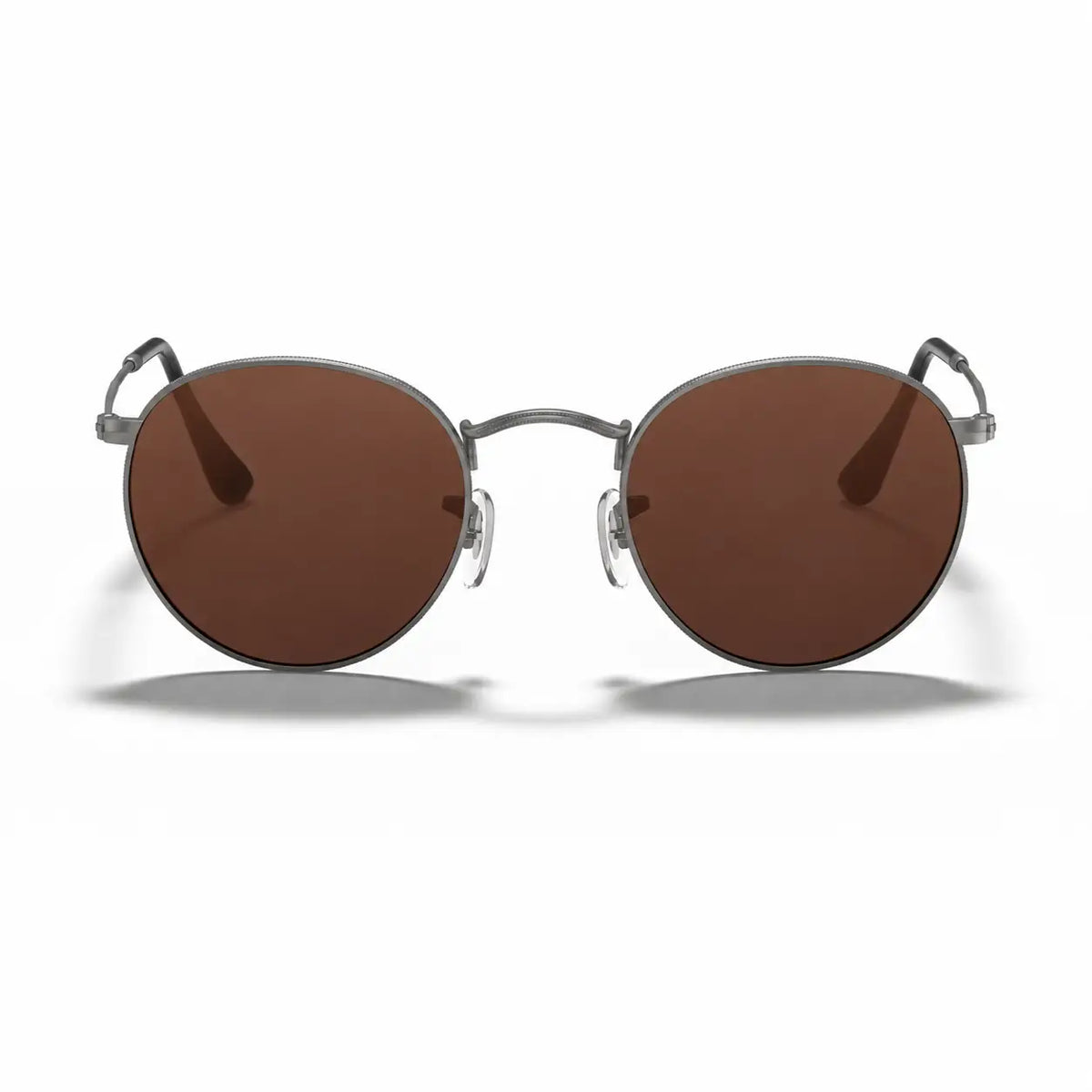 Ray-Ban Round Metal RB3447 replacement lenses in brown, front view of the frame fitted with the new lenses · ReFramed