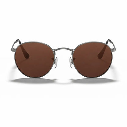 Ray-Ban Round Metal RB3447 replacement lenses in brown, front view of the frame fitted with the new lenses · ReFramed