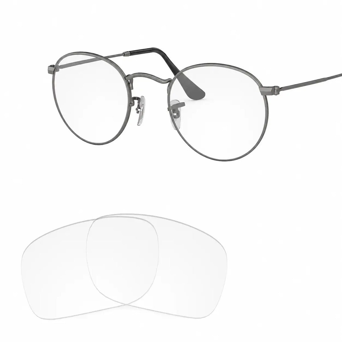 Ray-Ban Round Metal RB3447 replacement lenses in crystal clear, angled view of the frame with the lens pair · ReFramed