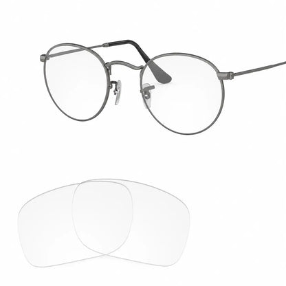 Ray-Ban Round Metal RB3447 replacement lenses in crystal clear, angled view of the frame with the lens pair · ReFramed