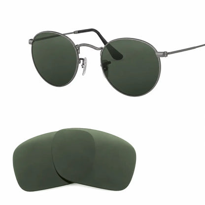 Ray-Ban Round Metal RB3447 replacement lenses in G15 green, angled view of the frame with the pair of lenses below · ReFramed
