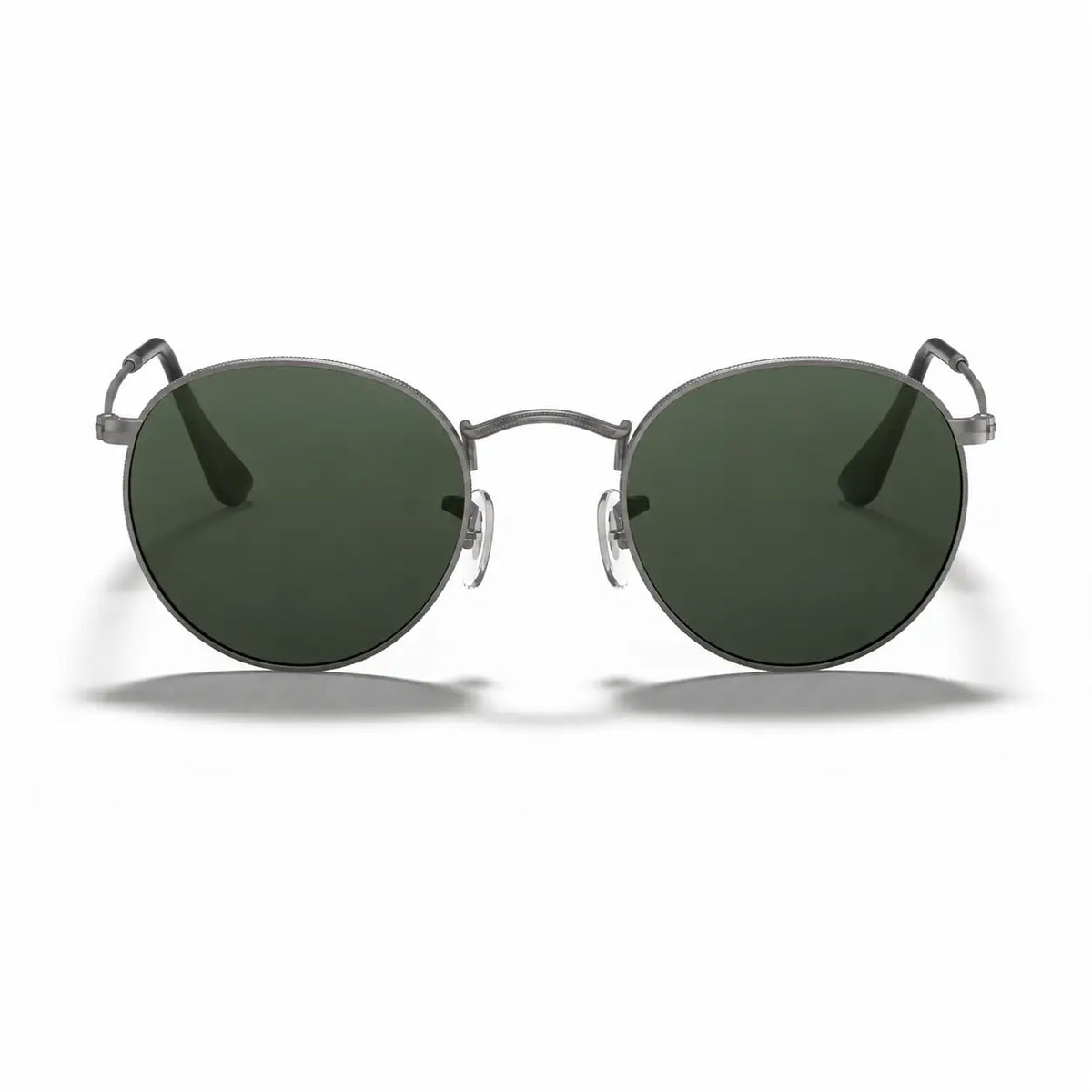 Ray-Ban Round Metal RB3447 replacement lenses in G15 green, front view of the frame fitted with the new lenses · ReFramed
