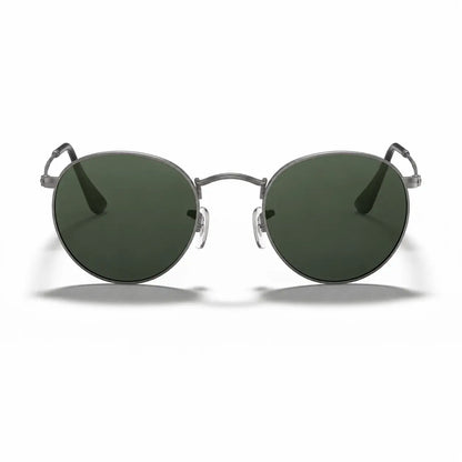 Ray-Ban Round Metal RB3447 replacement lenses in G15 green, front view of the frame fitted with the new lenses · ReFramed
