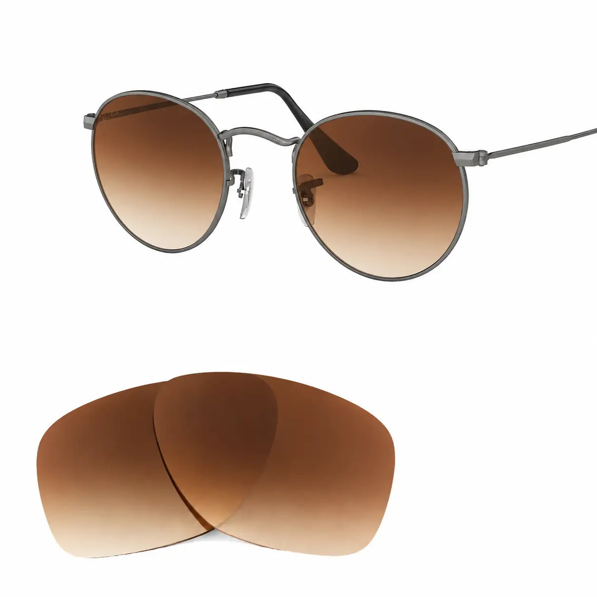 Ray-Ban Round Metal RB3447 replacement lenses in gradient brown, angled view of the frame with the lens pair · ReFramed