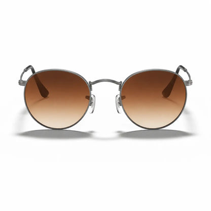 Ray-Ban Round Metal RB3447 replacement lenses in gradient brown, front view of the frame with the lenses · ReFramed