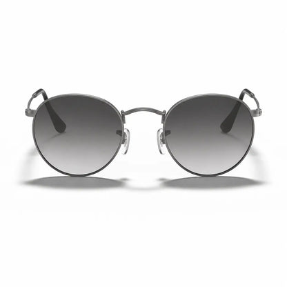 Ray-Ban Round Metal RB3447 replacement lenses in gradient gray, front view of the frame fitted with the new lenses · ReFramed