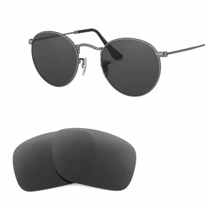 Ray-Ban Round Metal RB3447 replacement lenses in gray, angled view of the frame with the pair of lenses below · ReFramed