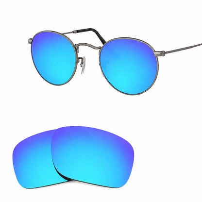 Ray-Ban Round Metal RB3447 replacement lenses in mirrored blue, angled view of the frame with the lens pair · ReFramed