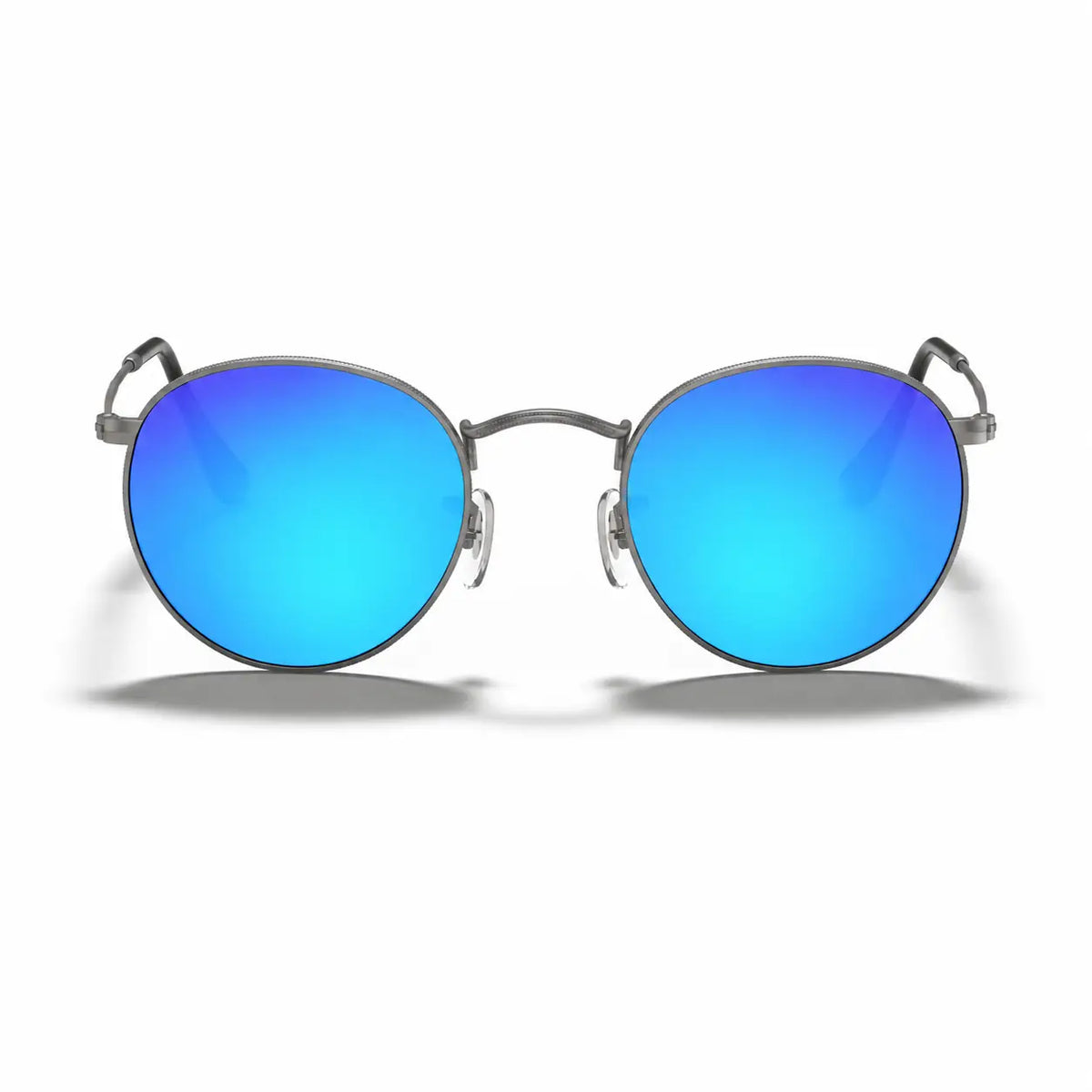 Ray-Ban Round Metal RB3447 replacement lenses in mirrored blue, front view of the frame fitted with the new lenses · ReFramed
