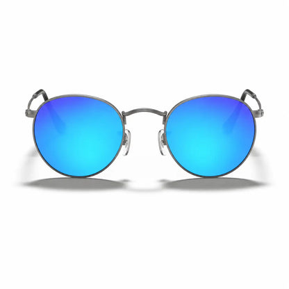Ray-Ban Round Metal RB3447 replacement lenses in mirrored blue, front view of the frame fitted with the new lenses · ReFramed