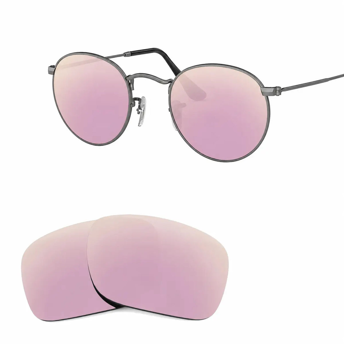 Ray-Ban Round Metal RB3447 replacement lenses in mirrored pink, angled view of the frame with the lens pair · ReFramed
