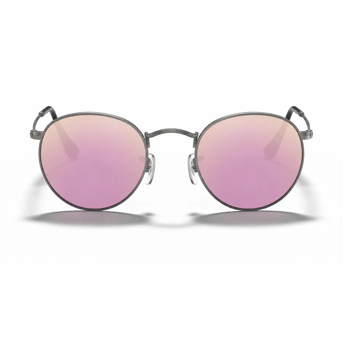 Ray-Ban Round Metal RB3447 replacement lenses in mirrored pink, front view of the frame fitted with the new lenses · ReFramed