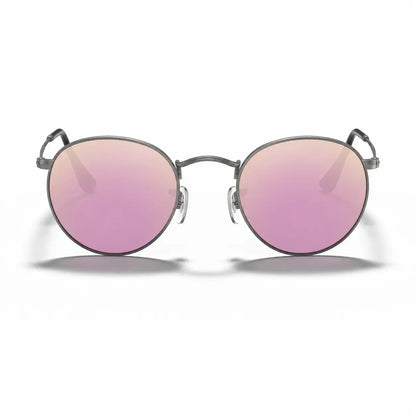 Ray-Ban Round Metal RB3447 replacement lenses in mirrored pink, front view of the frame fitted with the new lenses · ReFramed