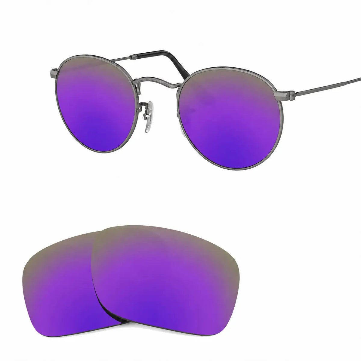 Ray-Ban Round Metal RB3447 replacement lenses in mirrored purple, angled view of the frame with the lens pair · ReFramed