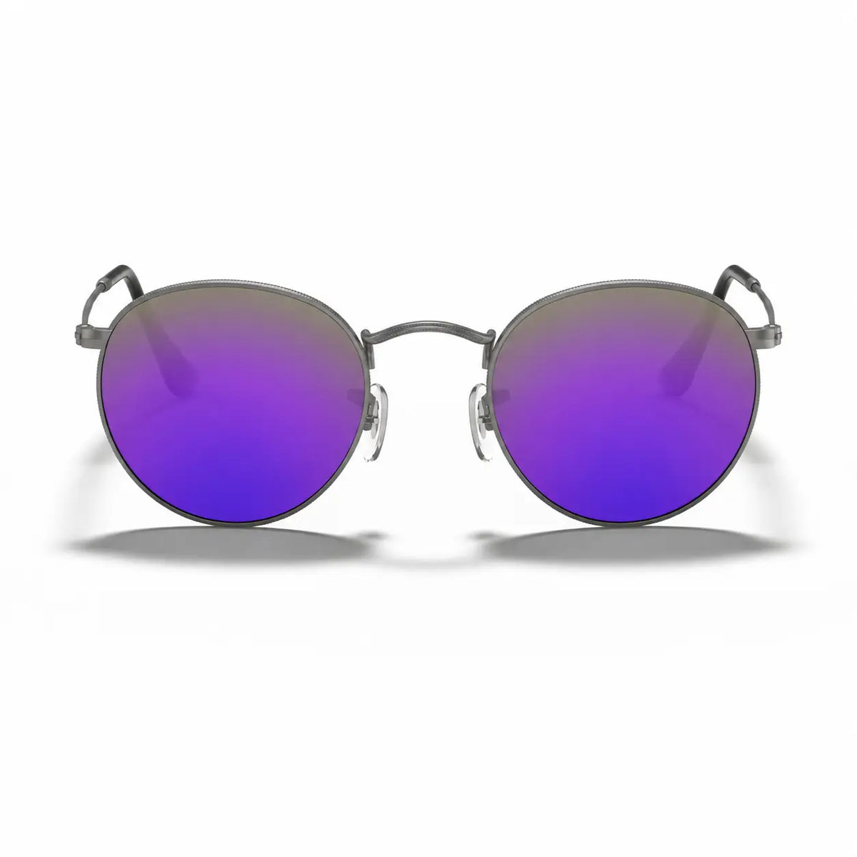 Ray-Ban Round Metal RB3447 replacement lenses in mirrored purple, front view of the frame with the lenses · ReFramed